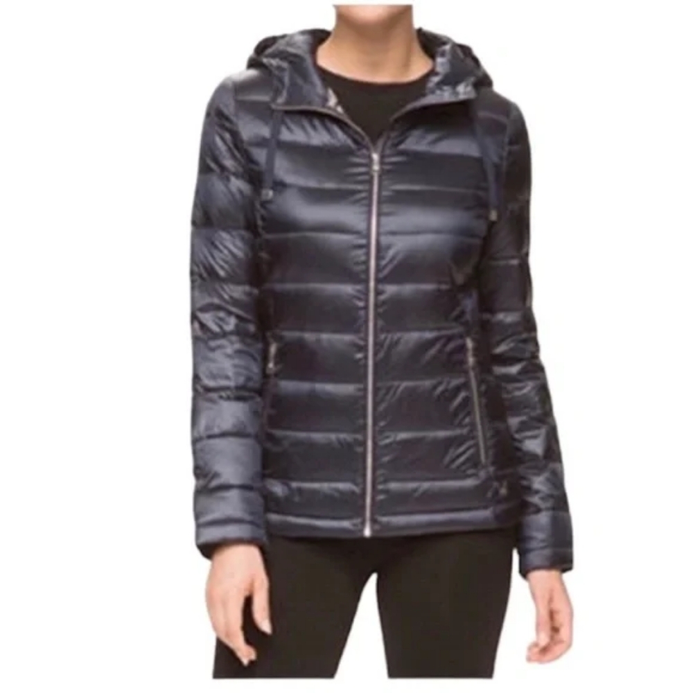 Andrew Marc Blue Packable Down Puffer Jacket Size S Zipper & Hoodie